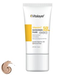 کرم ضد آفتاب رنگی ویتالیر، SPF 50، مدل ویتامین سی، ‌مناسب انواع پوست با تنالیته متوسط و حجم 50 میلی‌لیتر، ضد آب، مرطوب‌کننده، غی