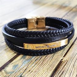دستبند چرمی مونت بلانک 4 لاین طلایی