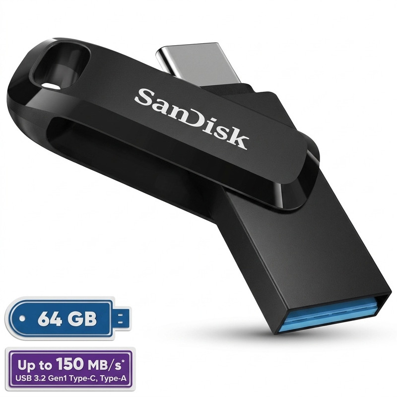 فلش مموری سن دیسک 64 گیگابایت مدل Ultra Dual Drive Go با دو رابط USB Type-C و USB Type-A، استاندارد USB 3.2 Gen1، طراحی چرخشی، س