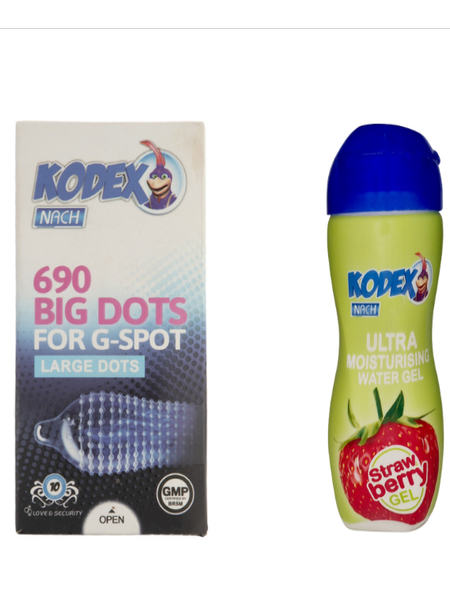 پک زناشویی اقتصادی (یک عدد کاندوم خاردار کدکس + ژل لوبریکانت توت فرنگی کدکس)