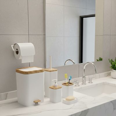 ست بهداشتی شش تکه با درب ارام بند دو حالته طرح چوب (پدالی و بادبزنی)