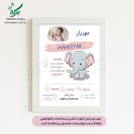 تابلو مشخصات نوزاد مدل هدیه بهشتی قابل ویرایش با عکس و مشخصات دلخواه