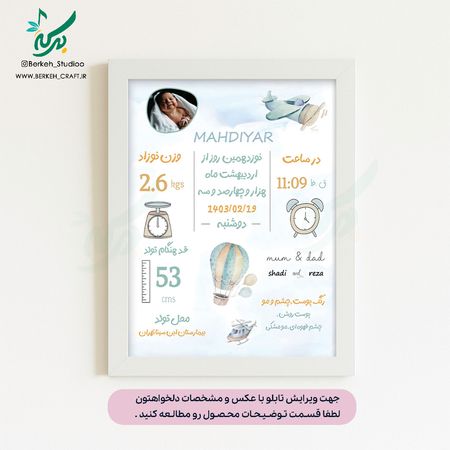 تابلو مشخصات نوزاد مدل معجزه عشق قابل ویرایش با عکس و مشخصات دلخواه