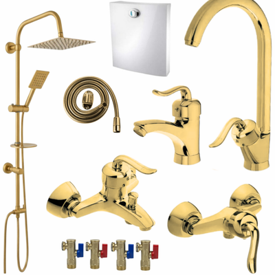 ست 11 تکه مدل قاجاری طلایی + دوش دوکاره استیل (5 سال گارانتی شیرآلات + ارسال رایگان)