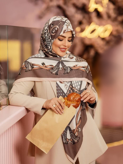 روسری ابریشم توییل کجراه قواره 140 مدل کهربا